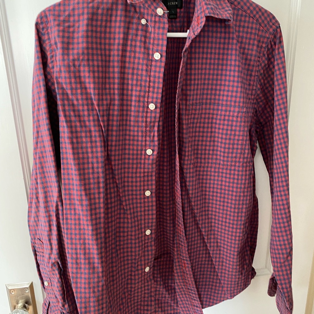 J. Crew Men's Burgundy and Navy Plaid Shirt